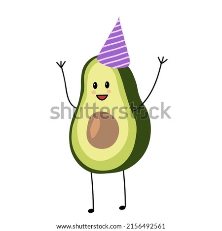 Vector illustration of an avocado character in a festive cap. Avocado birthday card