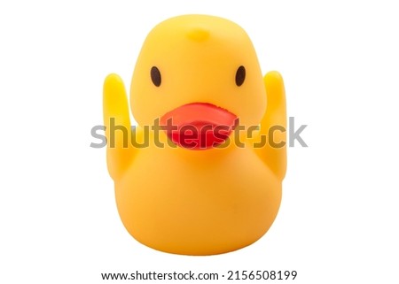 Children hygiene, floating bathtub classic toys and kids fun concept with front view of single old-fashioned yellow rubber duck and no people isolated on white background with clipping path cutout