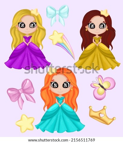 3 princess girls in evening dresses isolated. Elegant little princesses in cartoon style. Fashionable princesses in dresses, around butterflies, bows, a shooting star, a crown. Princess with crowns