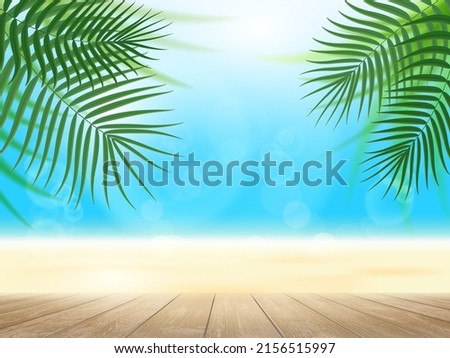 Wooden table against the backdrop of a summer tropical landscape with sea and beach. Vector illustration Royalty-Free Stock Photo #2156515997