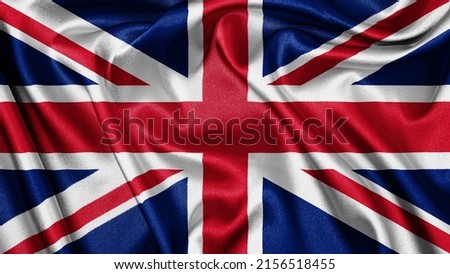 Close up realistic texture fabric textile silk satin flag of United Kingdom waving fluttering background. National symbol of the country. 12th of June, Happy Day concept
