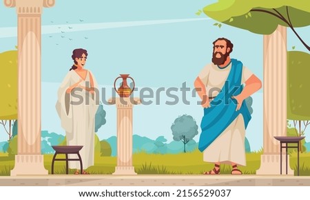Ancient greek philosopher socrates talking with his young wife in athens garden colored background flat vector illustration Royalty-Free Stock Photo #2156529037