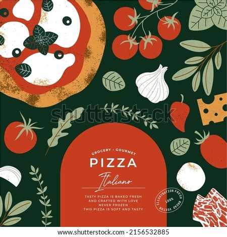 Italian pizza design template. Pizza Margherita with tomatoes and mozzarella on the dark background. Vector illustration.