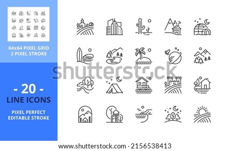 Line icons about the landscape. Contains such icons as fields, mountains, island, grove, beach, desert and arctic. Editable stroke. Vector - 64 pixel perfect grid Royalty-Free Stock Photo #2156538413