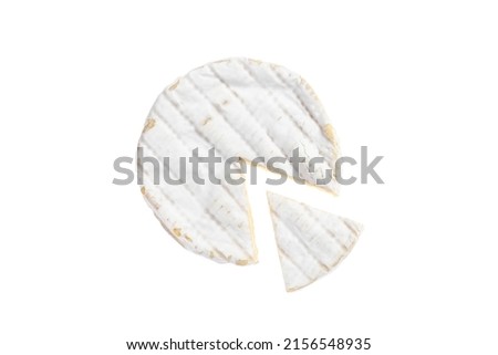 Piece of camembert cheese isolated on white background. From top view, soft brie cheese. Royalty-Free Stock Photo #2156548935