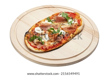 Delicious pizza served on wooden plate isolated on white background. File contains clipping path. Concept for advertising flyer and poster for restaurants or pizzerias