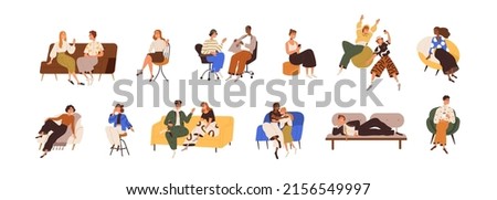 Happy smiling people sitting on sofas, chairs set. Positive relaxed men and women talking, relaxing. Joyful characters resting, speaking. Flat graphic vector illustrations isolated on white background