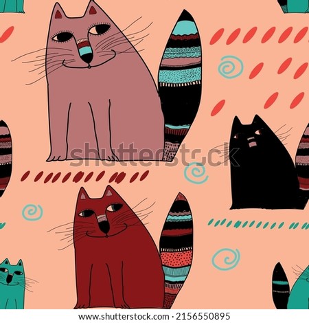 Vector seamless pattern with cute cats in an ethnic style.