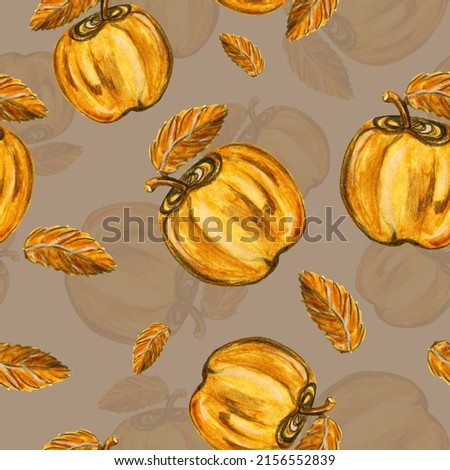 Watercolor pattern golden apples on a gray background for your seamless design, hand drawn illustration