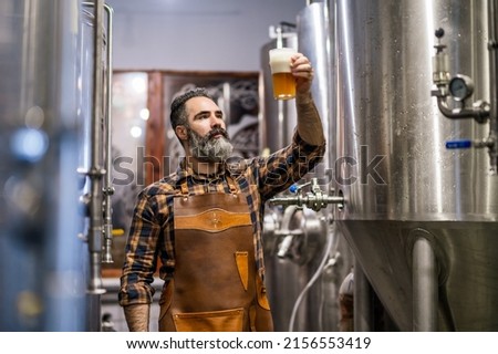 Bearded brewery master holding glass of beer and evaluating its visual characteristics. Small family business, production of craft beer. Royalty-Free Stock Photo #2156553419