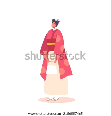 Positive Asian Girl in Festive Kimono. Young Female Character Wear Traditional Clothes Isolated on White Background. Smiling Teenager Kid Stand Full Height. Cartoon People Vector Illustration