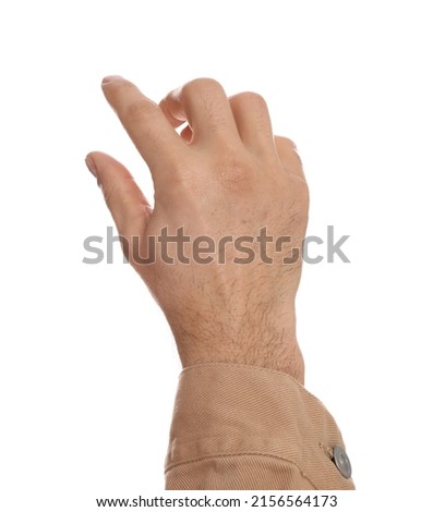 Man holding something on white background, closeup of hand