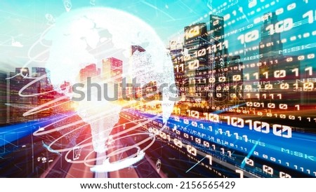Smart transportation in tacit futuristic city with online traffic control system . Concept of smart digital transformation and technology disruption that changes global trends in new information era .