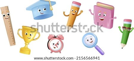 A set of vector illustrations of school characters. Educational items 3D cartoon mascots such as pencil and book, cup, ruler, magnifying glass. for Back to School elements on a white background.