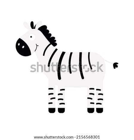 Cute little zebra isolated. Cartoon animal character for kids cards, baby shower, invitation, poster, t-shirt, house decor. Vector stock illustration.