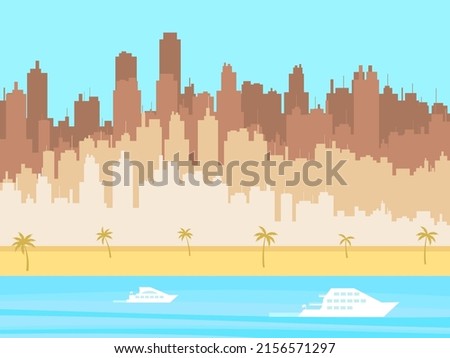 Outline of the city with palm trees and the beach. City view from the beach. Yachts in the background of the city. Design for posters, banners and promotional items. Vector illustration