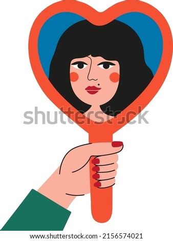 Vector illustration with beautiful woman looking in red heart shaped mirror. Love yourself print, self confidence concept art, cartoon style poster