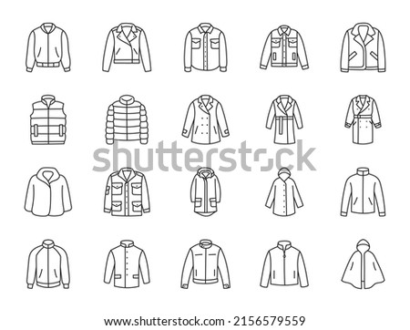 Outerwear clothes doodle illustration including icons - waterproof raincoat, windbreaker, peacoat, parka, wind cheater, tracksuit, motorbike jacket. Thin line art about apparel. Editable Stroke Royalty-Free Stock Photo #2156579559
