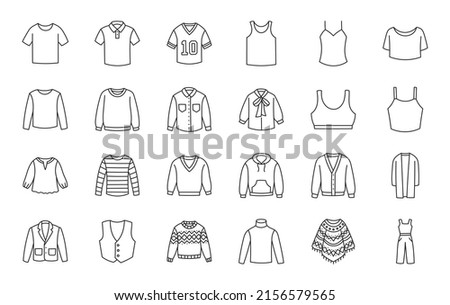 Clothes top doodle illustration including icons - sweater, jacket, polo shirt, sweatshirt, hoodie, pullover, suit, longsleeve sportswear, vest, blouse. Thin line art about apparel. Editable Stroke
