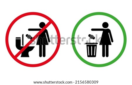 Please No Flush Litter in Toilet Sign. Allowed Throw Napkin, Paper, Pads, Towel in Waste Basket Silhouette Icon. Woman Please Throw Litter in Bin, No Toilet Pictogram. Isolated Vector Illustration. Royalty-Free Stock Photo #2156580309