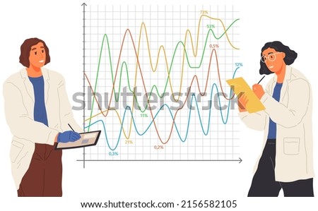 Search for solutions, scientific analysis concept. Woman looking at statistical chart. Scientist works with data analytics and research of statistics. Person with magnifying glass analyzes diagram