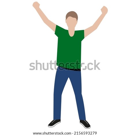 A male student in a green shirt stands and waves his hands