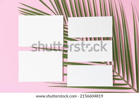 Blank sheets of paper and palm leaf on pink background