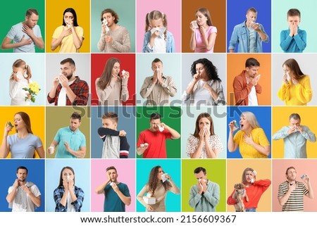 Set of different people suffering from allergic reactions on color background Royalty-Free Stock Photo #2156609367