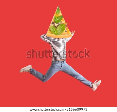 Jumping young man with slice of tasty pizza instead of his head on red background
