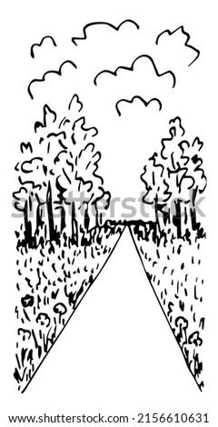 Simple black outline vector drawing. Vertical summer landscape. Walk in the park, alley, clouds in the sky, flowers and grass, trees, lawn. Road into the distance, journey, path. Nature.