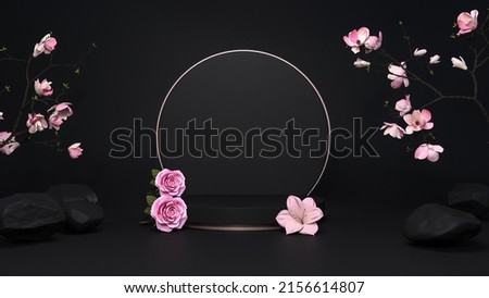 Black stone podium stage with pink blossom, flowers and golden ring, for luxury product promotion, banner, presentation, photorealistic 3D Illustration, suitable for social media product sales.