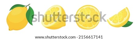 Set of fresh yellow lemons in cartoon style. Vector illustration of fruits whole and cut into slices and halves, with a leaf on white background. Royalty-Free Stock Photo #2156617141