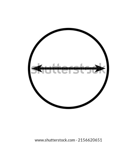 Circle with double arrow inside. Vector drawing round shape with size and diameter. Icon on white background. 