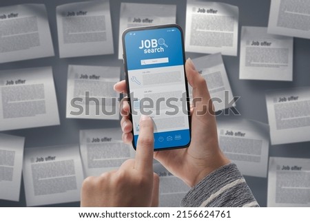 Job search app on smartphone: woman searching for a professional occupation online Royalty-Free Stock Photo #2156624761