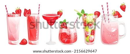 A set of strawberry cocktails.Summer refreshing drinks:strawberry juice, strawberry milkshake, daiquiri, mojito with strawberries, strawberry cocktail.Vector illustration.The concept of drinks. Royalty-Free Stock Photo #2156629647