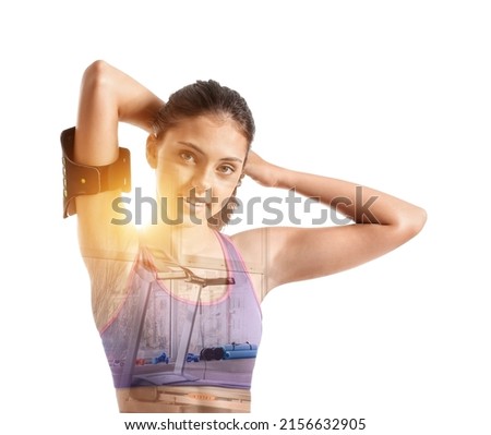 Double exposure of sporty young woman and modern gym on white background