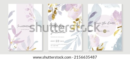 Luxury botanical wedding invitation card template. Purple watercolor card with leaf branches, gold glitters, foliage, eucalyptus. Elegant garden vector design suitable for banner, cover, invitation. Royalty-Free Stock Photo #2156635487