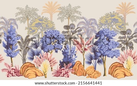Tropical vintage landscape, rock, trees, palms, bush floral seamless border. Jungle botanical mural.