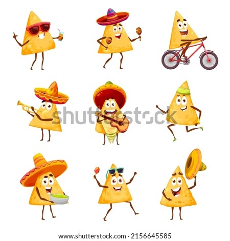 Cartoon mexican nachos chips characters music, sport and leisure activity. Happy vector nachos mariachi in sombrero playing on maracas, guitar and trumpet. Funny chips exercising, riding on bike