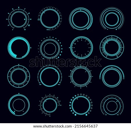 Volume round knob switch dials and music sound control interface regulator, futuristic HUD elements. Vector control knobs or digital buttons with neon light dials and max min level scales, game UI Royalty-Free Stock Photo #2156645637