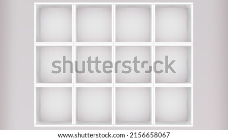 3D mockup of white empty cabinet with shelves on the wall. Kitchen furniture or bookshelf for office and home. Shop, gallery showcase. Blank retail storage space. Interior design furniture Royalty-Free Stock Photo #2156658067