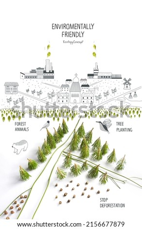 Environmentally friendly planet. 
Forest made of green leaves, hand drawn cartoon sketches of a city and rural houses, green factory and animals in the forest. Stop deforestation.  Royalty-Free Stock Photo #2156677879