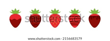 Set, collection of cute cartoon style strawberries covered in chocolate. Chocolate strawberries icons.