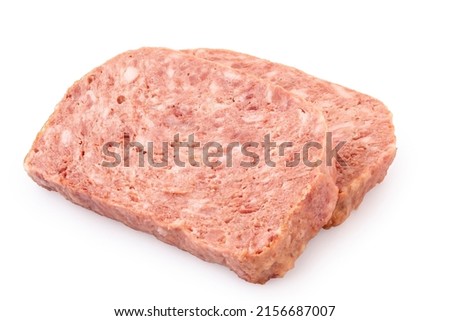 Two slices of pork luncheon meat isolated on white. Royalty-Free Stock Photo #2156687007