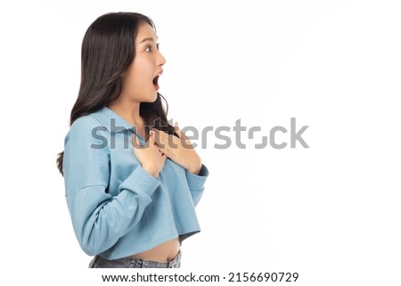 Surprised happy beauty asian woman look to copy space in excitement with shout and wow face Expressive facial expressions Beautiful girl act like a satisfied product Isolated on white background