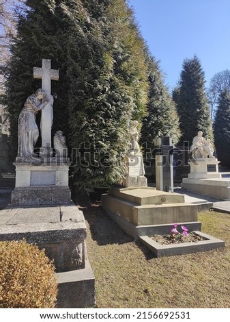 Lychakiv cemetery. Tombstones and graves in the cemetery. City cemetery. Ancient burial places with statues and monuments. Catholic cemetery, family crypt. Polish and Ukrainian cemeteries Royalty-Free Stock Photo #2156692531