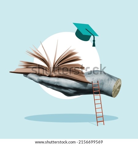 Open book on the palm. Education concept. Royalty-Free Stock Photo #2156699569