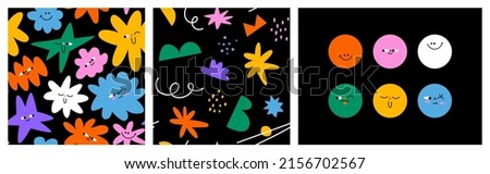 Set of colorful abstract shape cartoon character seamless pattern illustration. Trendy 90s style funny art background collection with faces and drawing doodle. 