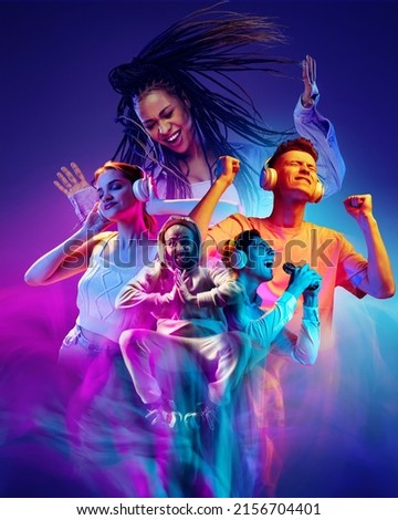 Poster with excited beautiful male and female models on dark blue color background in neon light, filter. Beauty, art, emotions, facial expression, sales. Creative collage. Magazine cover design Royalty-Free Stock Photo #2156704401