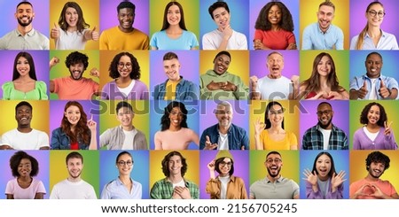 Happy young and adult different people make gestures and signs with hands, isolated on colorful background, collage, studio. Positive emotions and facial expressions, advertising and human resource